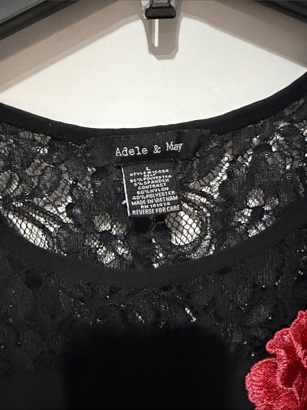 Black Lace Tank Top with Red Rose Appliqué - Picture 4 of 4